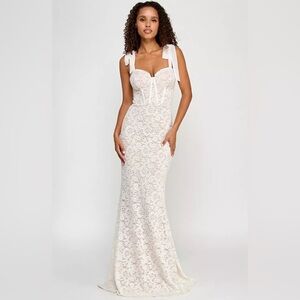 White Sparkly Lace Corset Sweetheart Neckline Tie Lace Up Back Wedding Dress- XS